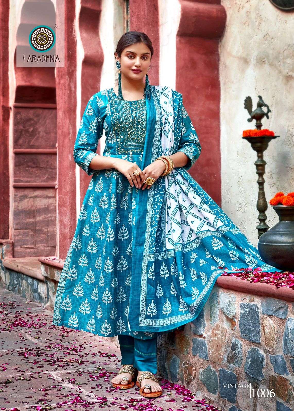 VINTAGE VOL 1 COTTON FOIL PRINT FANCY EMBROIDERY WORK KURTI WITH PANT DUPATTA BY ARADHNA BRAND 1006